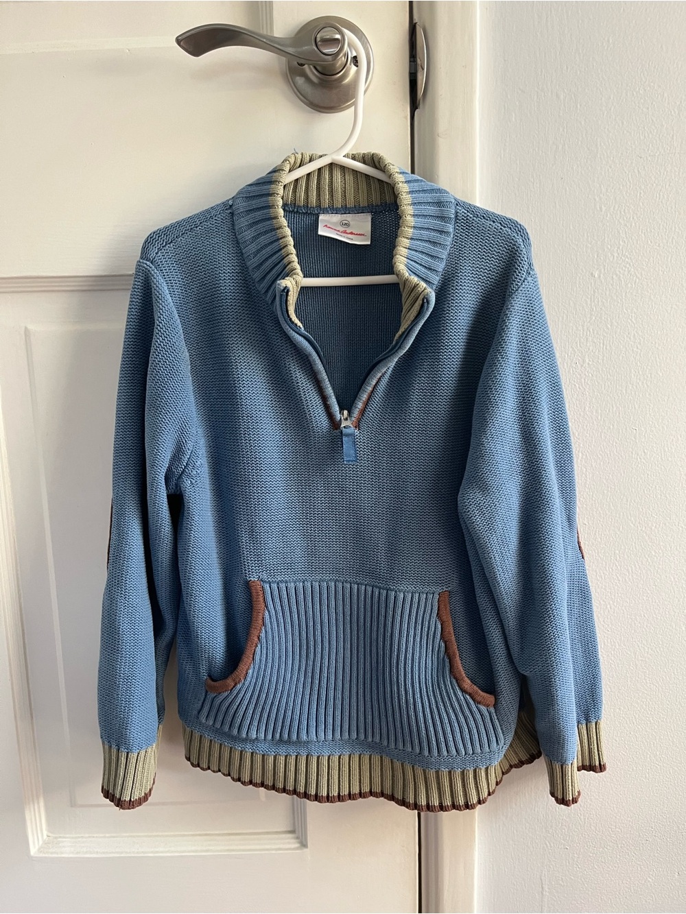Hanna Andersson Dusty Blue Half-Zip Sweater with Cream and Brown Trim